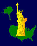 map of the United States with the Statue of Liberty