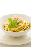 Pasta with sour cream and ham Isolated