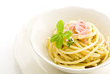 Pasta with sour cream and ham Isolated