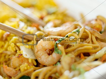shrimp lo mein with fried rice with extremely thin focus and blurry background.