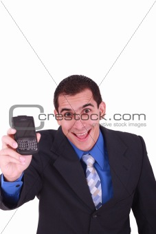 isolated business male holding a cell phone for communication. 
