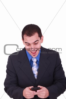 businessman sending a message against a white background 
