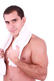 Smart cute attractive guy toweling hair and body skin