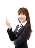 smiling young businesswoman holding smart mobile phone