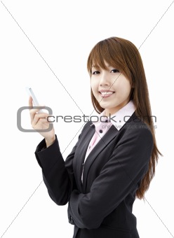 smiling young businesswoman holding smart mobile phone