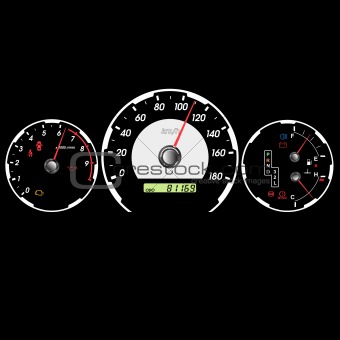 Car speedometer and dashboard at night. Vector illustration