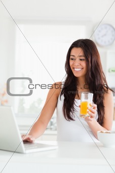 Gorgeous woman relaxing with her laptop while holding a glass 