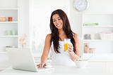 Good looking woman relaxing with her laptop while holding a glass