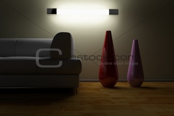 Sofa and vase in a dark room