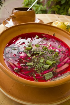 national lithuanian cold beetroot soup served in national pottery