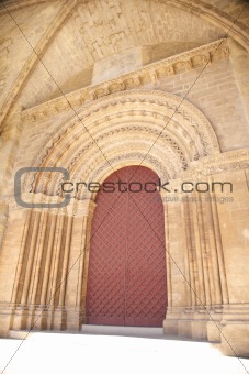 red door of cathedral at Lleida city