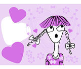 Cute girl in cartoon style with flowers and hearts