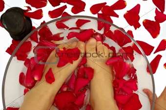 Feet of child in spa with rose petals and stone
