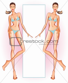 Vector background with two tanned girls in bikini