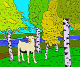 autumn sunny landscape with forest river  and goat - vector