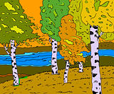 autumn sunny landscape with forest river  - vector illustration