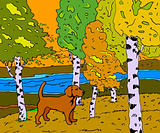 autumn sunny landscape with forest river and dog - vector