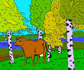 autumn sunny landscape with forest river and cow - vector