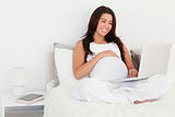 Beautiful pregnant woman relaxing with her laptop 