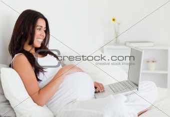 Lovely pregnant woman relaxing with her laptop while