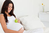 Attractive pregnant woman holding an apple on her belly 