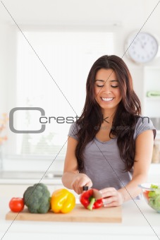 Good looking woman cooking vegetables while standing