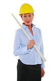 woman architect with hard hat and plan