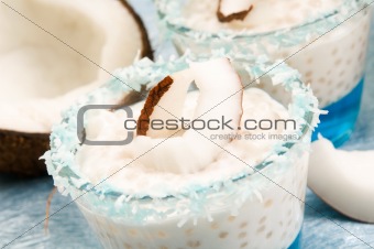 Coconut pudding with tapioca pearls and litchi jelly