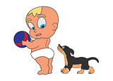 Little baby with ball and dog