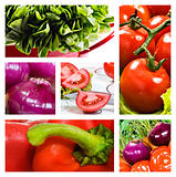 Collage of salad with tomato onion lettuce and red sweet pepper