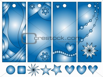 blue tags with heart, star and dots