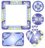 Blue, green and white labels, buttons and hearts