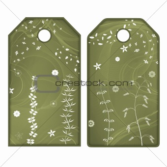 Green tags or labels with white flowers