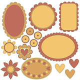 Orange and brown labels, flowers and hearts