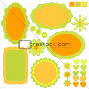 Orange and green tag or label collection, flowers and hearts
