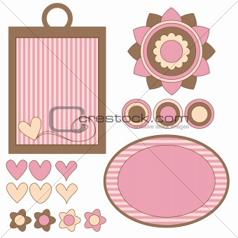 Pink and brown tags, flowers and hearts