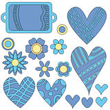 Blue and yellow tag, flowers and hearts
