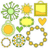Green and yellow tags, flowers and hearts