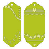 Green labels or tags with hearts, dots and stripes