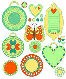 Colorful tags, labels, hearts, flowers and butterfly