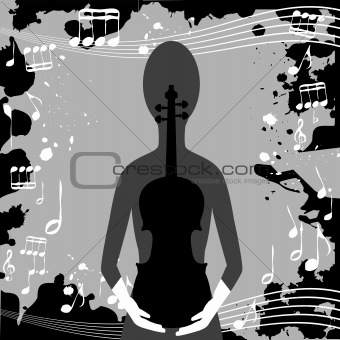 Grunge background with musical notes and woman holding a violin