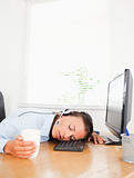 Secretary with headset sleeps in office