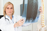 Serious doctor looking at x-ray looks into camera