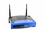 blue internet router with two antennas