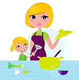 Mother with child cooking healthy food in kitchen
