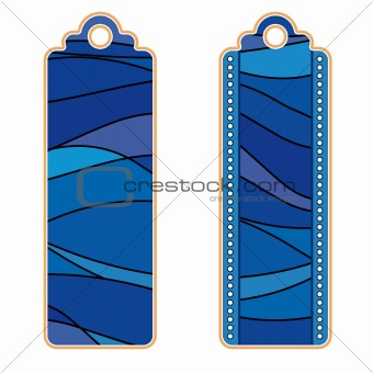 blue and orange tags or labels