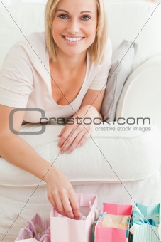 Close up of a woman with shopping bags