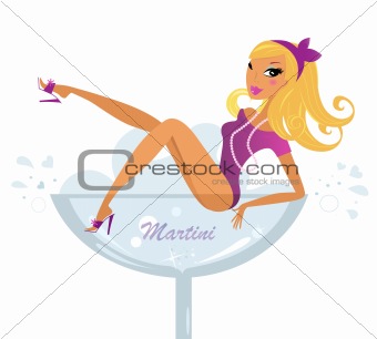 Pinup Blond Girl in pink bikini in Martini glass
