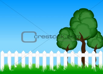 Fence on meadow with trees