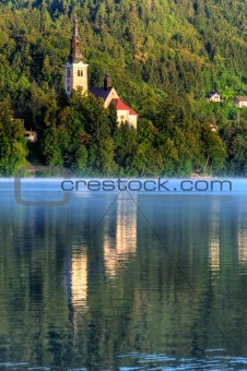 Church on the island - Lake bled in early morning